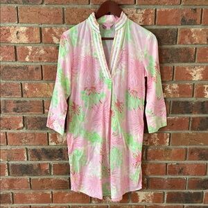 Lilly Pulitzer Floral Pink and Green Floral Cotton Kimono Dress Cover Up